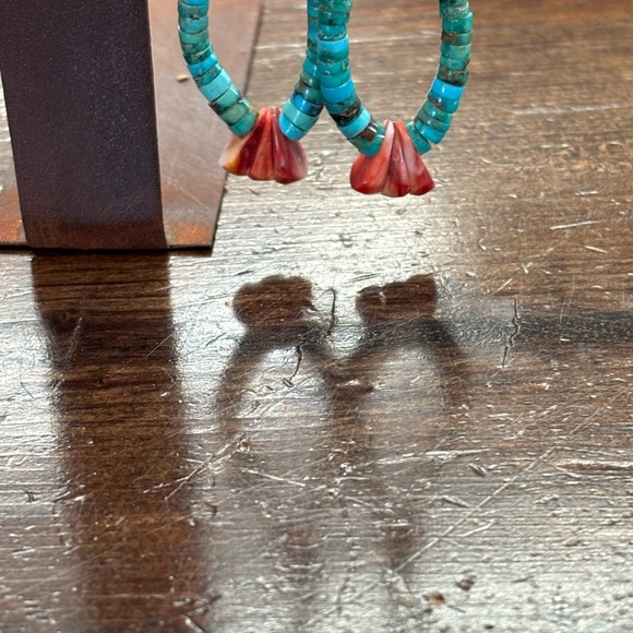 Navajo Handcrafted Turquoise and Red Coral Earrings - Picture 3 of 3